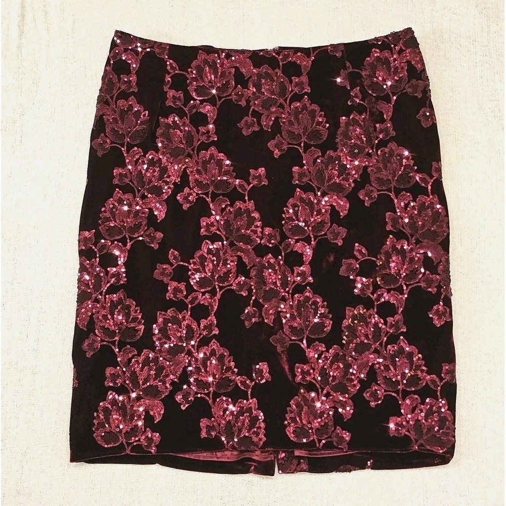 Vintage Monroe & Main Burgundy Velvet Floral Sequined Midi Skirt Women's Sz 16